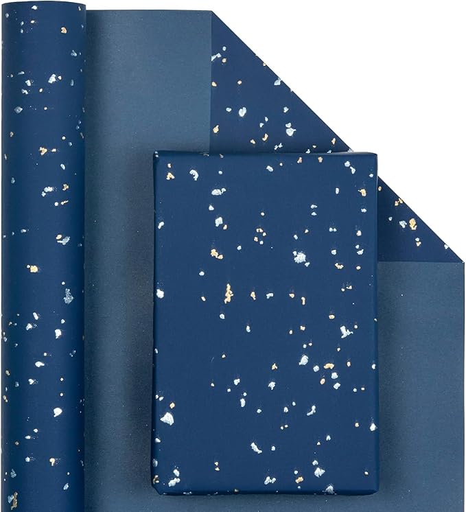 MAYPLUSS Navy Blue Wrapping Paper Roll - 17Inch x 16.5Feet - Masculine Black Gold Shiny Flakes on Matte Dark Navy Blue Heavy Gift Wrap Paper w/Silky Touch for Father's Day, Birthday, Holiday, Christmas