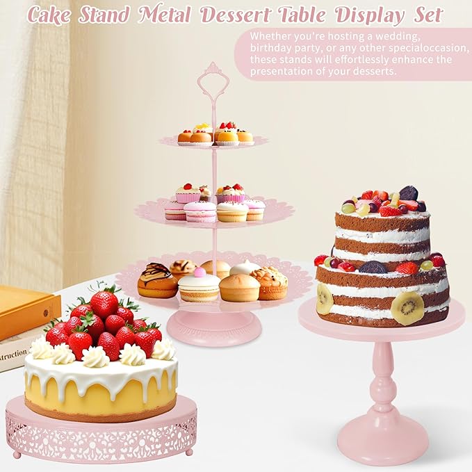 Fivenl 8 Pcs Cake Stand Pink Metal Dessert Table Display Set, 3-Tier Cupcake Stand, Cake Display Tower and Cookie Tray Rack Serving Tray for Birthday Party, Weddings, Baby Shower (Pink)