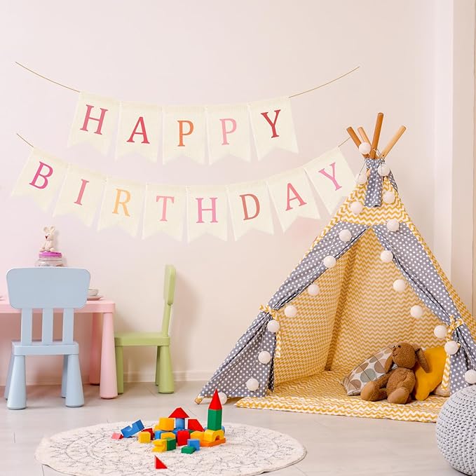 Doumeny Happy Birthday Burlap Banner Boho Birthday Garland Bunting Ombre Pink Bohemian Party Garland Banner Multicolor Happy Birthday Sign Flag Birthdays Hanging Bunting for Home Wall Mantel Fireplace