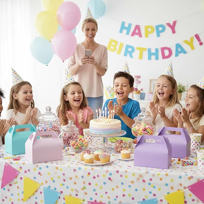UnicoPak 30 Pack Pastel Party Favor Bag Boxes, Gable Gift Boxes with Handles for Candies Treats Goodies Cookies, Ideal for Theme Birthday Party, Classroom Events, Valentine's Day, 6.5x3.5x3.5 Inches