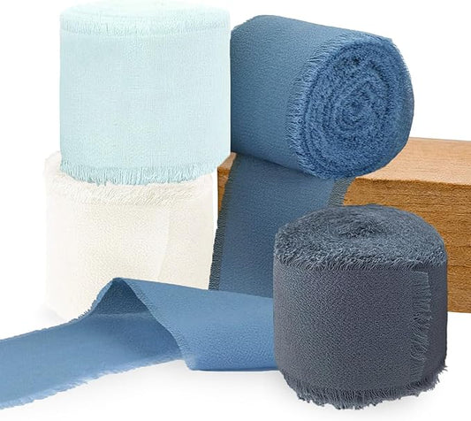 Chiffon Ribbon,1.5 inch x 21 Yards 4 Rolls Blue Handmade Fringe Edges Chiffon Ribbon for Gift Wrapping Wedding Invitations Bridal Bouquets Crafts Home Decor (Blue)