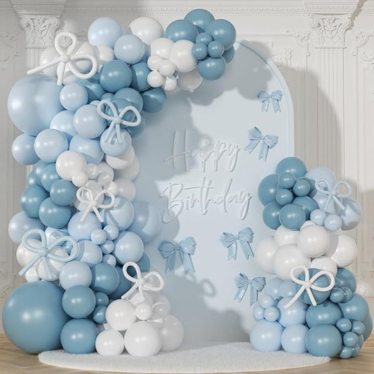Blue and White Balloon Garland Arch Kit, 146Pcs Dusty Macaron Blue White Long Balloons Different Size for Coquette Birthday Gender Reveal Baby Shower Boy Wedding Bridal Shower Sports Party Decorations