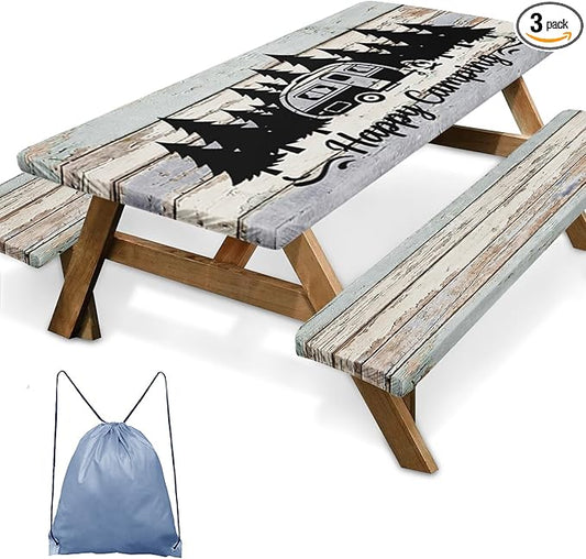 Picnic Table Cover with Bench Covers Elastic Edges, Wood Camper Fitted Table Cover, Outdoor Camping Essentials 72 Inch 3PCS, Waterproof Camping Fitted Tablecloth with Drawstring Bag