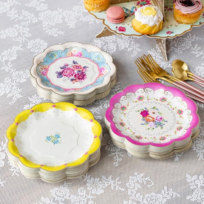 Talking Tables 144 x Vintage Floral Paper Plates Bulk Pack Pink Yellow, Truly Scrumptious Table Decorations, Disposable Tableware, Birthday, Mother's Day, Afternoon Tea Party, Baby Shower, 7’