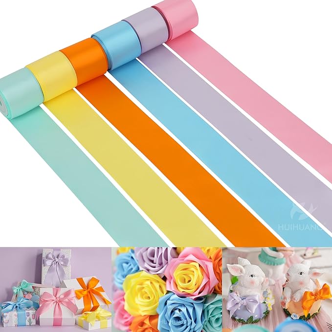 HUIHUANG Double Faced Satin Ribbon Assorted 1.5 inch Pastel Color Ribbons