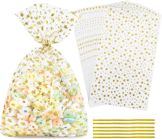 50 Pcs Cellophane Bags,9x12 Inch Gold Star Printed Cellophane Treat Bags with Twist Ties, for Cookies, Candy, Bakery, Birthday, Wedding, Valentine's Day, Baby Shower & Holiday Party Favors