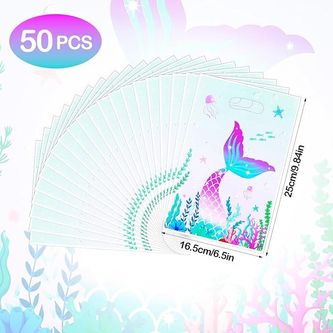 Matwsec 50 Pcs Mermaid Goodie Bags Plastic Gift Bag Christmas for Party Favor Under The Sea Goodie Bag Mermaid Tail Treat Bags with Handles for Candy Girls Kids Birthday