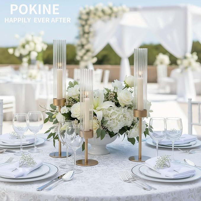 POKINE Tall Hurricane Candle Holders Set of 6, Gold Glass Taper Candlestick Holders for Wedding, Christmas, Dining Table, Party & Home Decor