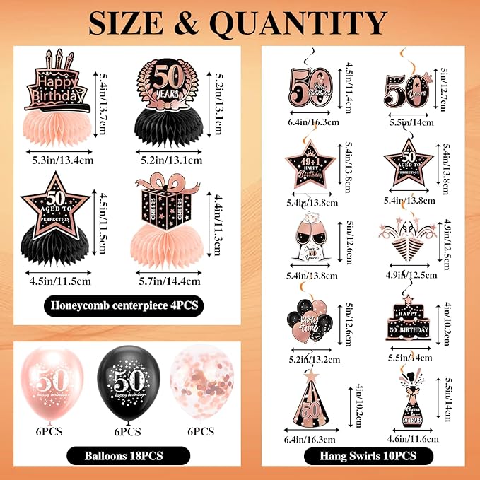 50th Birthday Decorations for Women, Pre-Strung Black Rose Gold Happy Birthday Banner Balloons Backdrop Honeycomb Centerpieces & Hanging Swirl Streamers, 50 Years Old Birthday Party Decorations Kit