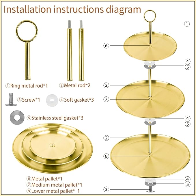 3 Tier Gold Cupcake Stand Stainless Steel Dessert Display Rack with Removable Tiered Tray for Parties,Weddings,Birthdays,Decorations,Any Festivals and Festivities(Stainless Steel Pole-2 Pack)