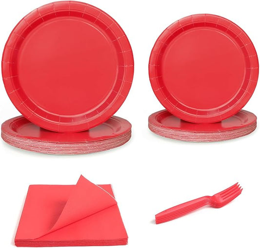 96 Pcs Party Plates, Red Paper Plates and Napkins, Disposable Tableware Set, Party Supplies for Kids Birthday Baby Shower Wedding Picnic, Serve for 24 Guests