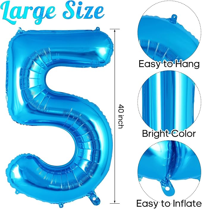 Blue Number 5 Balloon 40 Inch, Big Large Foil Helium Number Balloons, Jumbo Giant Mylar Number 5 Balloons for 5 Year Old Birthday Party Decorations Supplies Anniversary Celebration