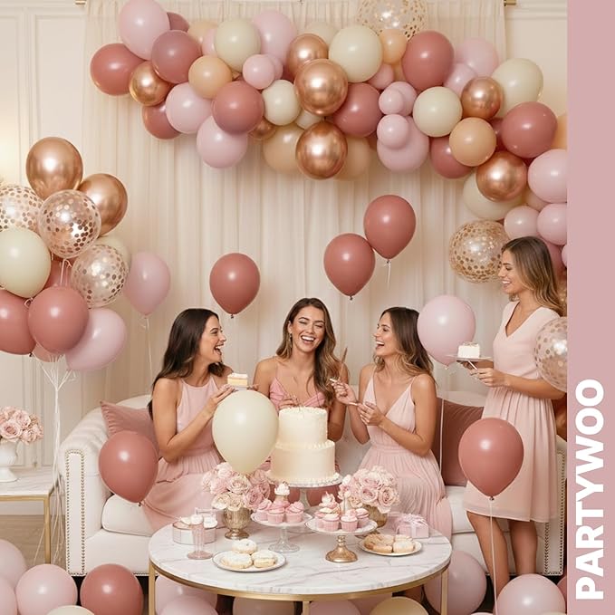 PartyWoo Dusty Pink Balloons 66pcs 12 Inch Blush Rose Pink Metallic Rose Gold Nude Boho White Sand Confetti Balloons for Baby Shower Birthday Gender Reveal Wedding Anniversary Party Decorations