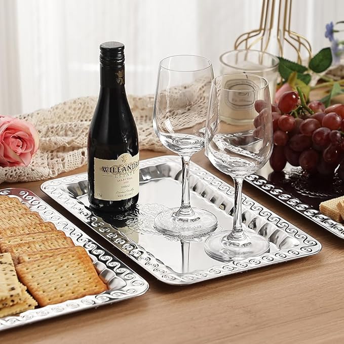 4-Pack Small Silver Serving Trays Set - ZENOVLUX Swirl Floral Engraved Mirror Decorative Tray, 11.4" x 7" Wedding Party Platters for BBQ, Food, Appetizer, Charcuterie, Cookies, Desserts
