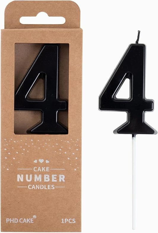 PHD CAKE 2.76 Inch Modern Black 4 Number Birthday Candles, Cake Candles for Party Celebration