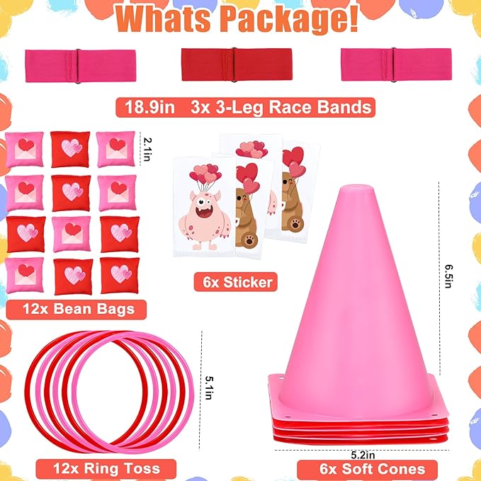 39Pcs 4 in 1 Valentines Day Party Games for Kids with Ring Toss, Plastic Cones, Bean Bags, 3-Legged Race Bands, Stickers, Carnival Valentine's Games Activity Combo Set for Classroom Indoor Outdoor