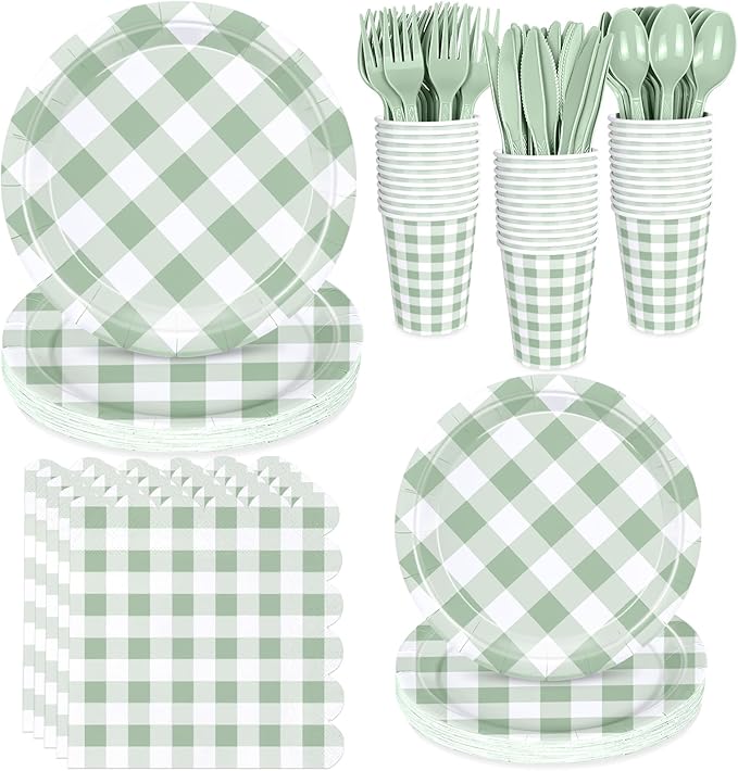 175 Pcs Sage Gingham Party Supplies for 25 Guests, Sage and White Checkered Paper Plates, Cups and Napkins Sets for Baby & Bridal Shower, Wedding, Birthday Party, Outdoor Picnic