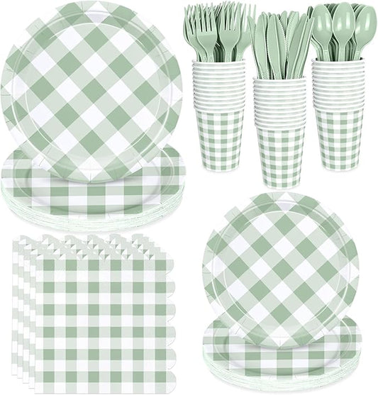 175 Pcs Sage Gingham Party Supplies for 25 Guests, Sage and White Checkered Paper Plates, Cups and Napkins Sets for Baby & Bridal Shower, Wedding, Birthday Party, Outdoor Picnic
