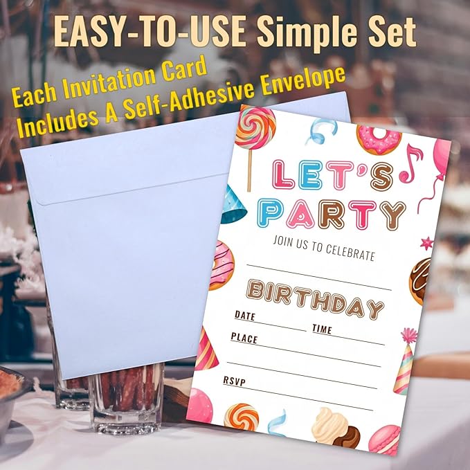 Sweet Candy Birthday Party Invitations, Let's Party Candyland Invites with Envelopes, 25 Pcs 4x6 Inch, Candy Donut Balloons Macarons, Childlike Bright Colors (Colorful Pattern)