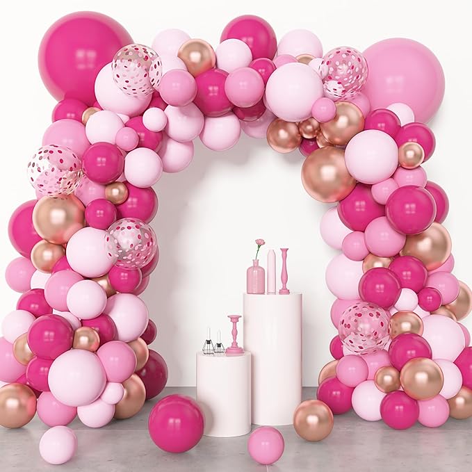 Amandir 153pcs Pink Balloon Garland Arch Kit, Different Sizes 18 12 10 5 inch Hot Pink Latex Metallic Confetti Rose Gold Balloons for Mothers Birthday Baby Shower Wedding Party Decorations