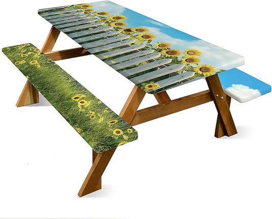 ANNA QUEEN 6FT Sunflower Picnic Table Cover with Bench Covers Spring Picnic Table Cover Set 3PCS 72"x30", Waterproof Outdoor Bench and Tablecloth Furniture Protection for Camping Beach