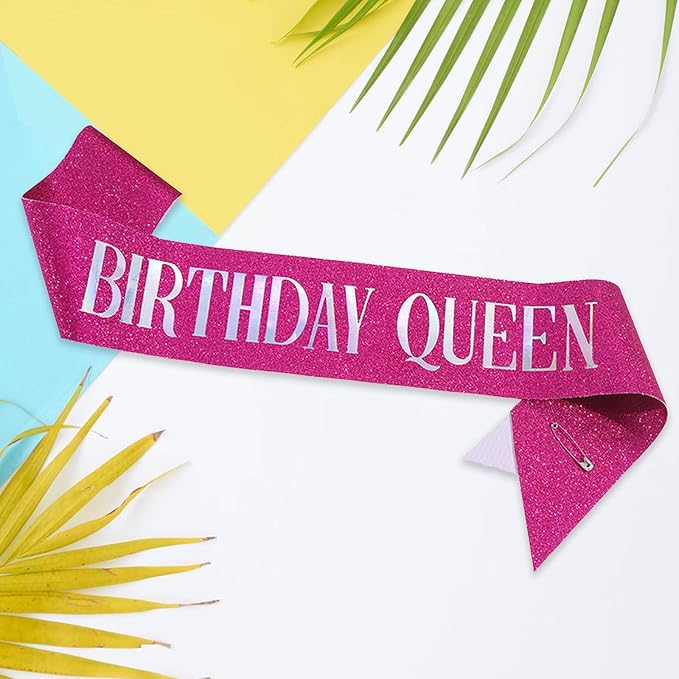 Birthday Queen Sash, Dazzle Foil Letter Glitter Hot Pink Birthday Sash for Women Girl 21st 30th 40th 50th 60th Gifts Funny Bday Gifts Party Favors Photo Prop