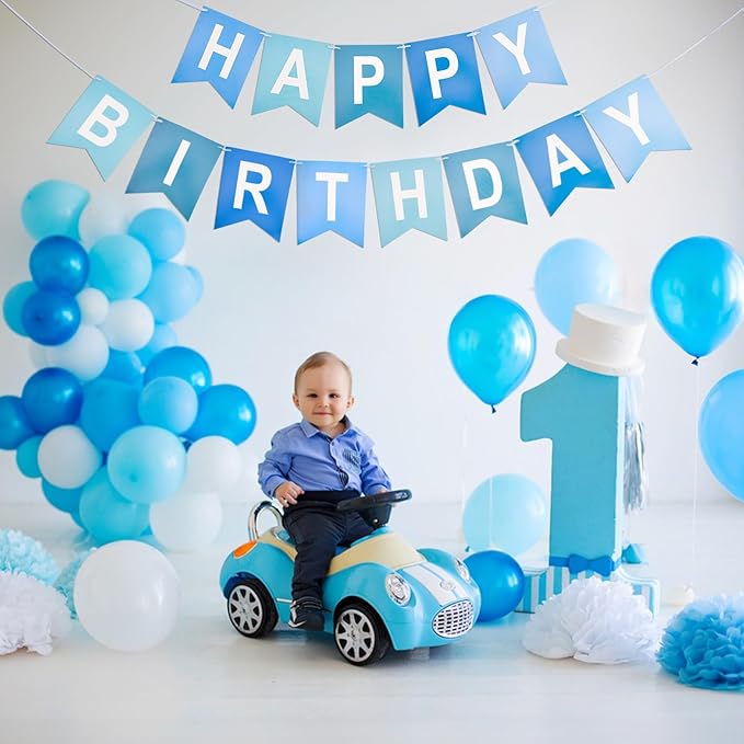 Happy Birthday Banner Birthday Party Banner NO DIY Happy Birthday Sign Pre-Strung Birthday Hanging Decoration for Women Men Girl Boy Party Supplies (Blue)