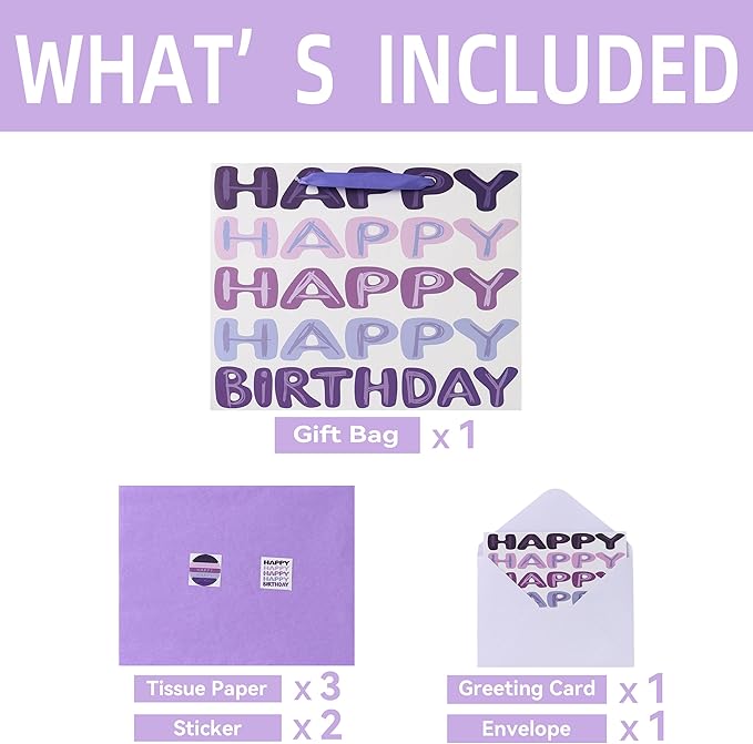 Qirrmiy 13'' Large Purple Happy Birthday Gift Bag Set with Handles, Greeting Card, Tissue Papers and Stickers for Women Girls Kids Teens, Words Design, 1 Pcs
