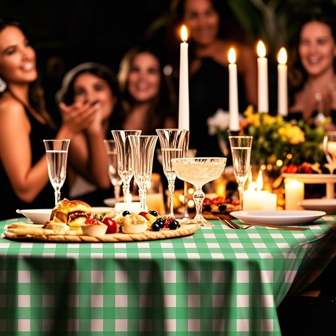 8 Pack Plastic Tablecloth 54" x 108" Disposable Table Cloths for 6 to 8 Foot Tables Rectangle Table Cover for Parties (Green Checkered, Rectangle)