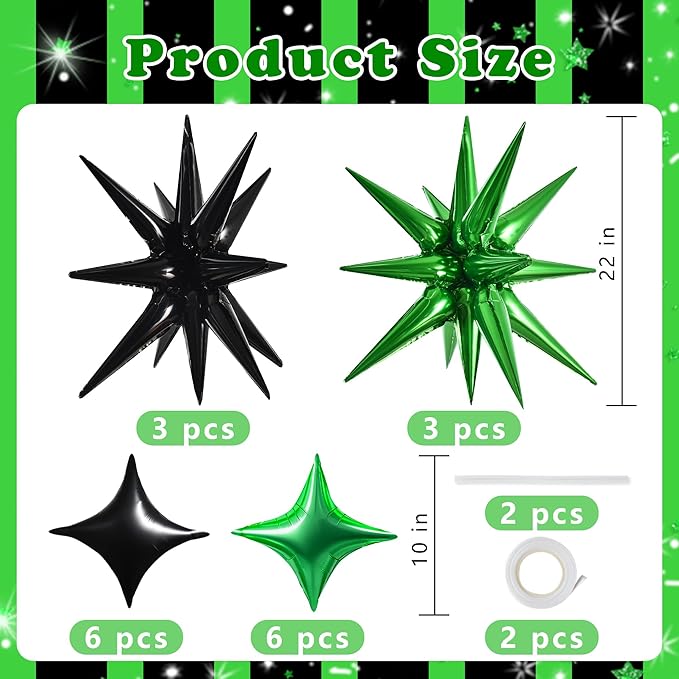 TONIFUL 22Inch 18Pcs Black Green Large Explosion Star Mylar Balloons and 10Inch Four Pointed Star Balloons Set for Christmas New Year Birthday Wedding Bridal Shower Anniversary Photo Booth Supplies