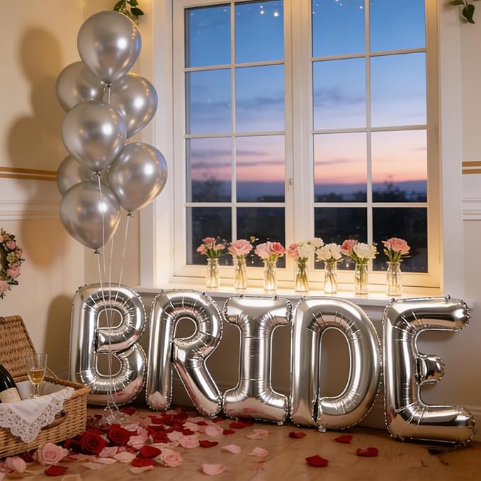 Silver BRIDE Letter Balloons 40 Inch, Big Balloons Banner for Wedding Engagement Bachelorette Bridal Shower, Bride To Be Party Decorations and Supplies