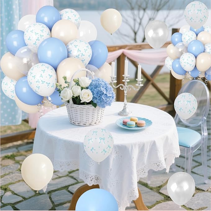 Pastel Blue Bow Balloons Light Pale Blue and White Sand Balloon 12inch Beige Clear Balloons Coquette Birthday Party Decorations Latex Helium Balloon for Arch Bridal Baby Shower Bachelorette Weddiing