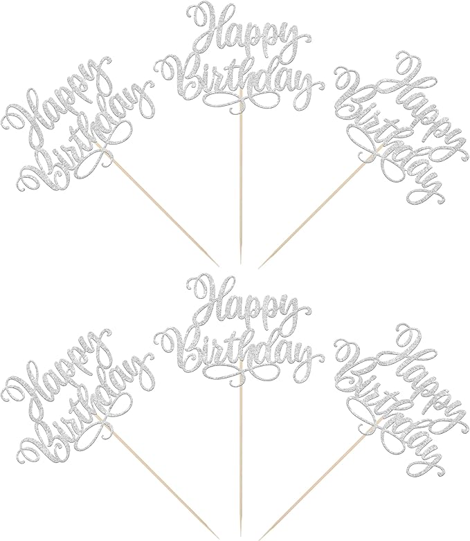 12 PCS Happy Birthday Centerpieces Sticks Double Sided Glitter Birthday Party Decorations Anniversary Table Flower Centerpiece for Celebrating Birthday Party Centerpieces Supplies Silver