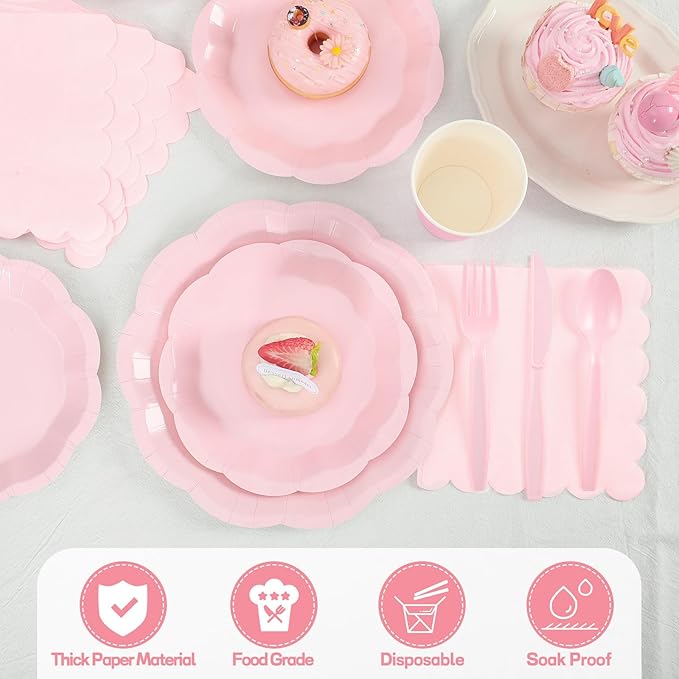 NatNarr 175 Pcs Pink Paper Plates and Napkins Set Include 9" Dinner Plates, 7" Dessert Plate Disposable Scalloped Tableware Serve 25 Guest for Wedding Baby Shower Bridal Shower Birthday