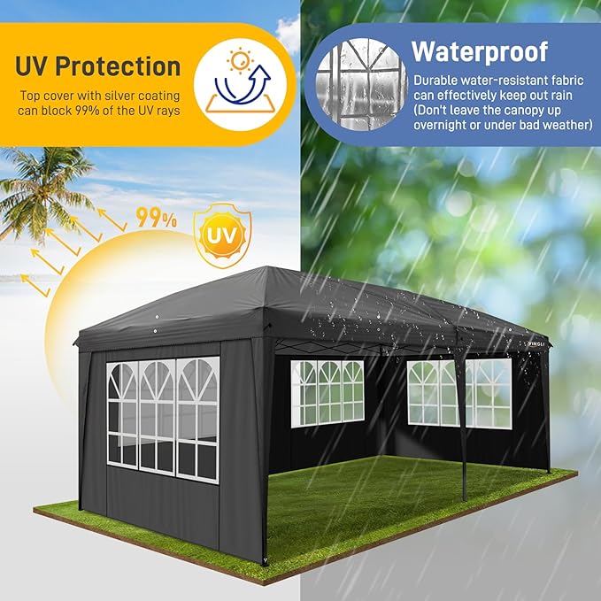 VINGLI 10x20 Pop Up Canopy Tent with Sidewalls, Outdoor Gazebo Canopy Tent, Patio Event Tents Outdoor Event Shelter for Parties (Black)