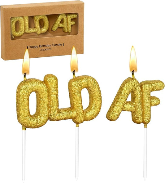 Funny Old AF Birthday Candles for Cake - Gold Glitter Comedic Joke Candles for Milestone Birthdays & Retirement Party Celebrations