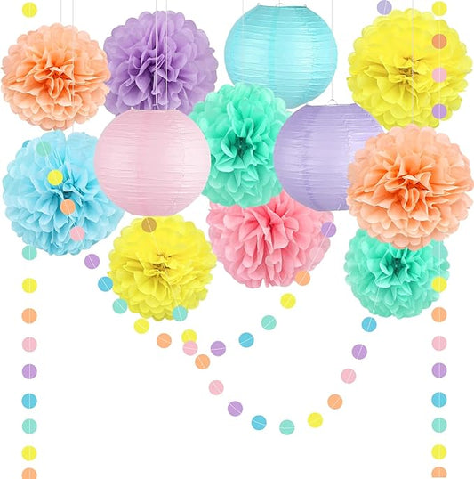 14 Pcs Pastel Party Decorations Kit - Macaron Tissue Paper Pom Poms, Lanterns & Polka Dot Garland for Girls Birthday, Baby Shower, Unicorn Ice Cream Donut Theme, Easter & Classroom Decor