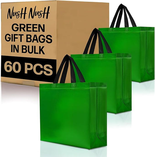Nush Nush Large Green Gift Bags Bulk – Set of 60 Shiny Reusable Green Gift Bags With Handles - Perfect Goodie Bag for Mothers Day, Birthday Party Favor s, Holiday, Parties and Events – 13Wx5Dx11H