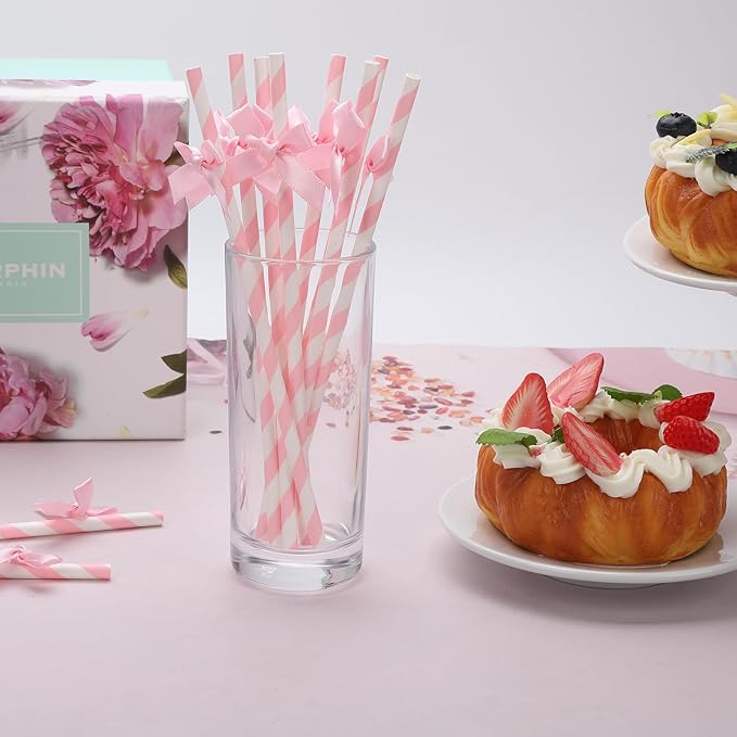 140 Pcs Pink Paper Straws, Bow Disposable Striped Drinking Straws Bulk for Pink Theme Birthday, Wedding, Baby Shower, Bachelorette Party Cake Decorations