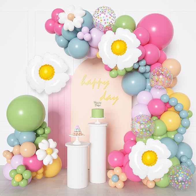 168Pcs Daisy Balloon Arch Garland Kit, Pink Green Blue Yellow Purple Confetti Daisy Wild Flower Balloons for Mothers Day Boho Two Groovy One Birthday Baby in Bloom Baby Shower Spring Party Decorations