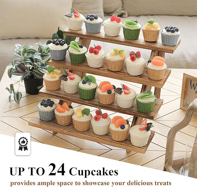 SwallowLiving Wooden Rustic Cupcake Stand for 24 Cupcakes, Stepped Wood Display Stand for Weddings, Tiered Party Table Display Riser for Food , Dessert, Cookie, Decor, Craft Show, Burnt