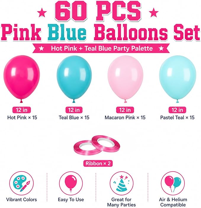 Teal and Pink Balloons, 60PCS Teal Pink Balloon Set, 12 Inch Blue Rose Red White Latex Metallic Confetti Balloons for Baby Shower Birthday Wedding Bridal Shower Hawaii Summer Party Decor