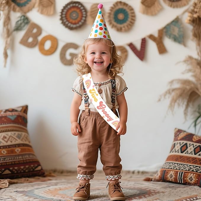 Boho Groovy 2nd Birthday Party Favor Two Groovy Birthday Sash Retro Hippie Boho Bday Decoration for Daisy Flower Happy 2 Year Old Bday Girl Retro Hippie 2nd Party Supply Gift