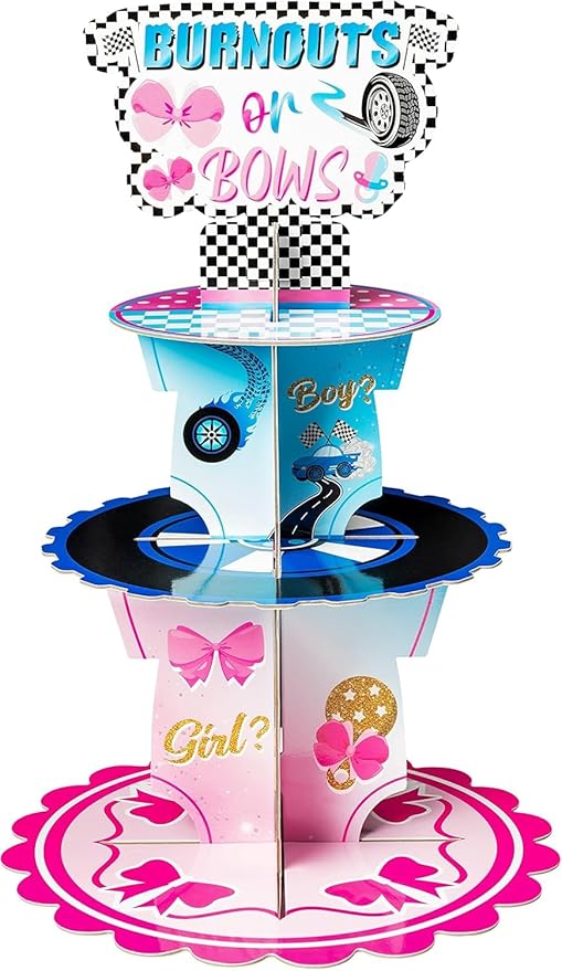 Haooryx Burnout or Bow Gender Reveal Party Cupcake Stand - 2 Pcs 3-Tier Racing Bow Cupcake Tower Cardboard Dessert Holder for Boy or Girl Baby Shower He or She Gender Reveal Party Table Decor Supplies