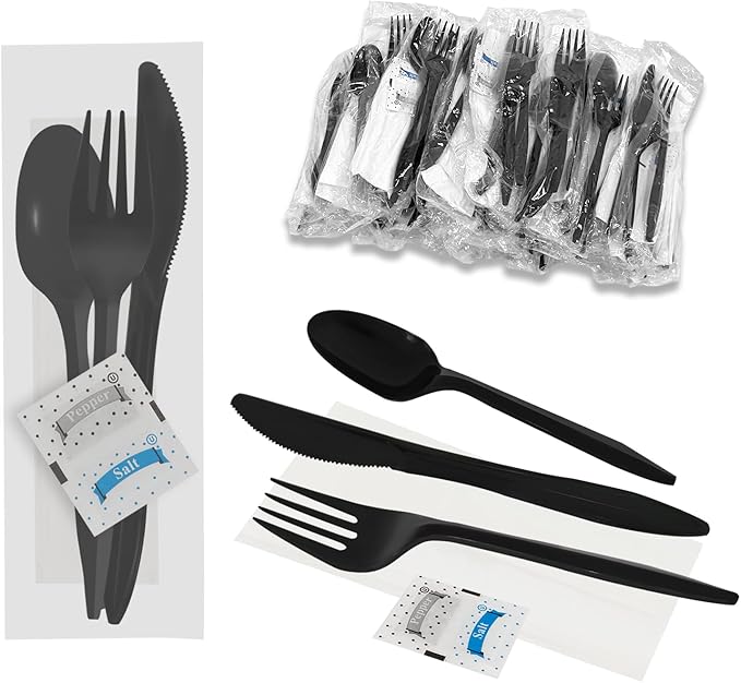 100Pack Plastic Cutlery Packets, Knife Fork Spoon Napkin Salt Pepper Sets, Individually Wrapped Black Plastic Cutlery Packets for Delivery, Cafeterias, Restaurants