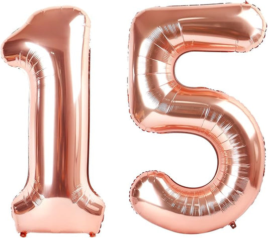 15 Balloons Numbers, 40 Inch 15th Birthday Decorations for 1 5 15 51, Rose Gold Big Foil Number Balloons for Wedding Store Anniversary Party Supplies