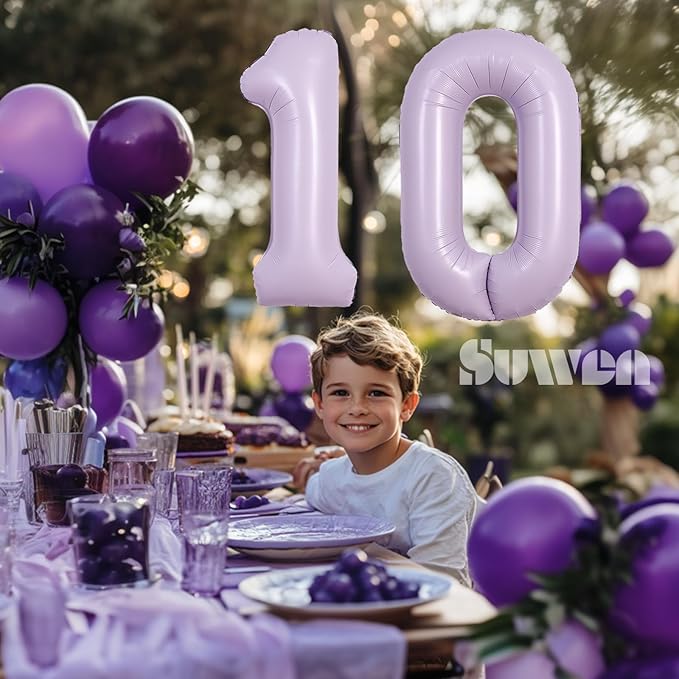 SUWEN 40 Inch Light Purple Large 10 Balloon Number Big Foil Helium Lavender Number Balloons Huge Mylar 0-9 Giant Jumbo Happy 10th Birthday Party Anniversary Decorations