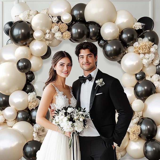 Black and White Balloons Arch Kit - 119 PCs Double Stuffed Cream and Black Balloons Garland Pearl White Sand Beige Ivory Balloons for Graduation Wedding Coquette Birthday Party Decorations