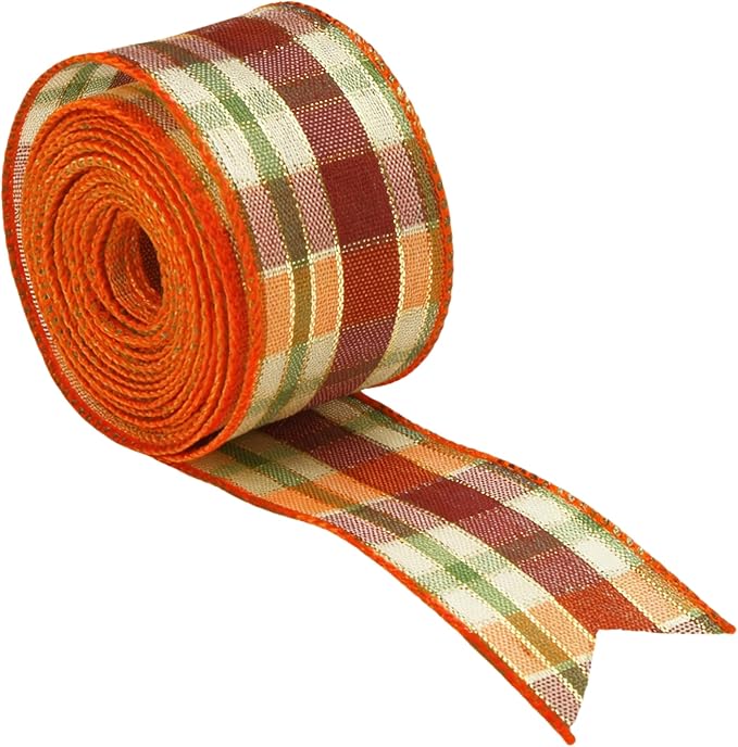 Meseey 1.5 Inch x 10 Yards Orange Green Burgundy White Plaid Wired Ribbon, Fall Tartan Check Wired Edge Ribbon for Wreaths, Bows, Gift Wrapping, Thanksgiving & Halloween Decor(Burgundy/Orange)
