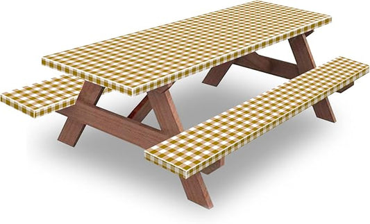 8ft Picnic Table and Bench Cover, Camping Essentials RV Gear, 96 in Waterproof Windproof Outdoor Elastic All Around Tablecloth, Fitted Rectangle Tables and Seats, Coffee-White Checkered